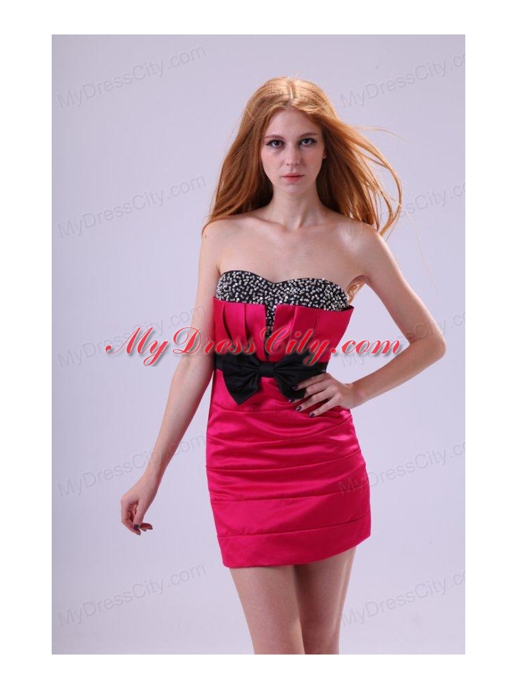 Red Column Sweetheart Mini-length Taffeta Beading and Bowknot Red Prom Dress