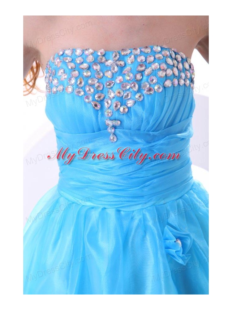 Aqua Blue Prom Dress with Strapless Beaded and Flowers