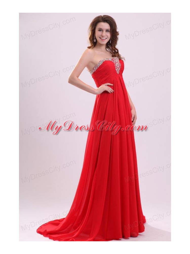 Chiffon Romantic Empire Red Strapless Brush Train Beading 2014 Prom Dress