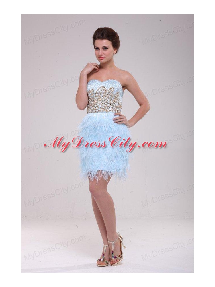 Column Light Blue Sweetheart Feather Sequins Satin Prom Dress