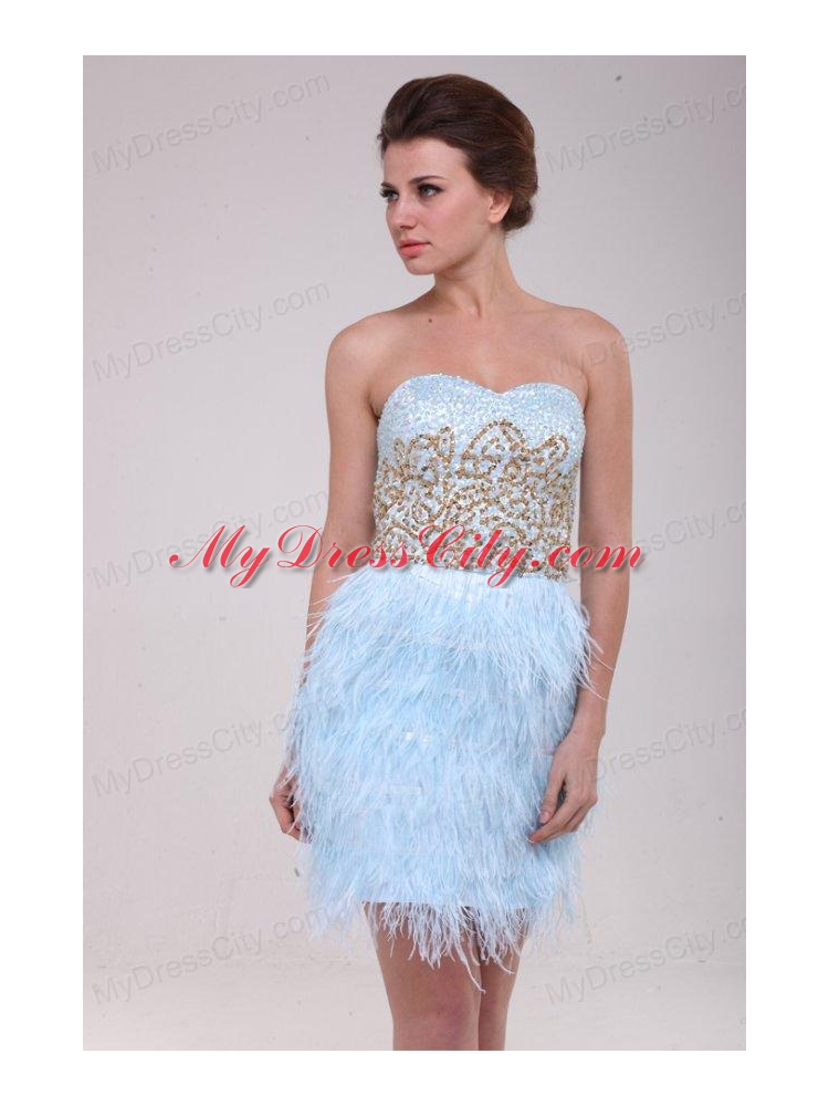 Column Light Blue Sweetheart Feather Sequins Satin Prom Dress ...