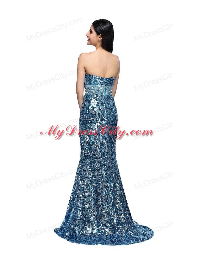 Column Sweetheart Blue Sequins High Slit Brush Train Prom Dress