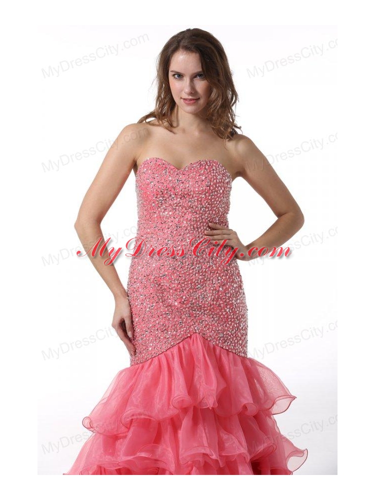 Court Train Mermaid Sweetheart Prom Dress with Beading and Layers