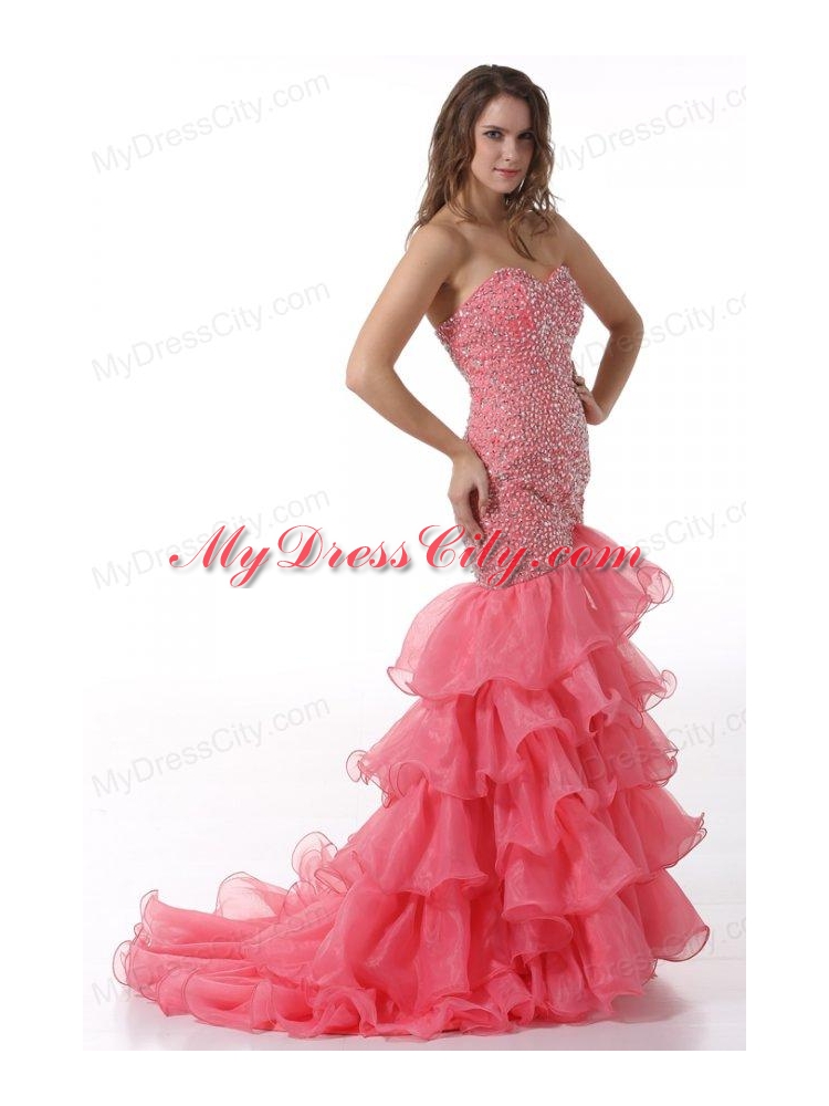Court Train Mermaid Sweetheart Prom Dress with Beading and Layers