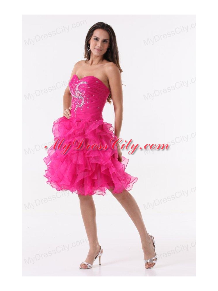 Princess Hot Pink Ruffles Beading Ruching Knee-length Prom Cocktail Dress