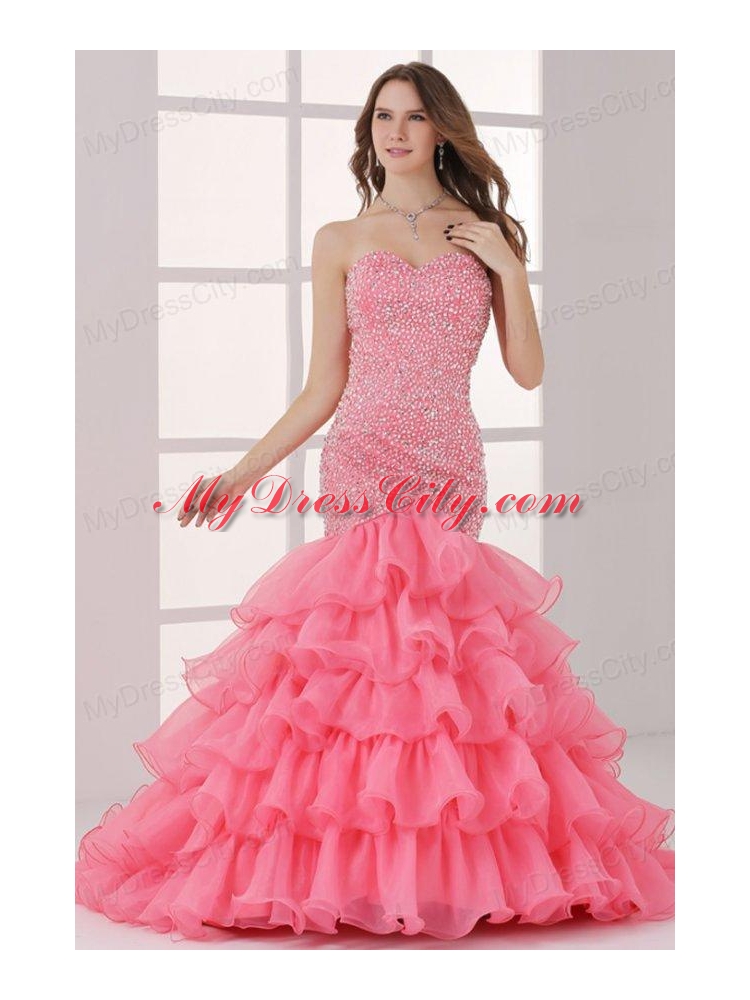 Watermelon Sweetheart Mermaid Beading and Ruffles Layered Prom Dress