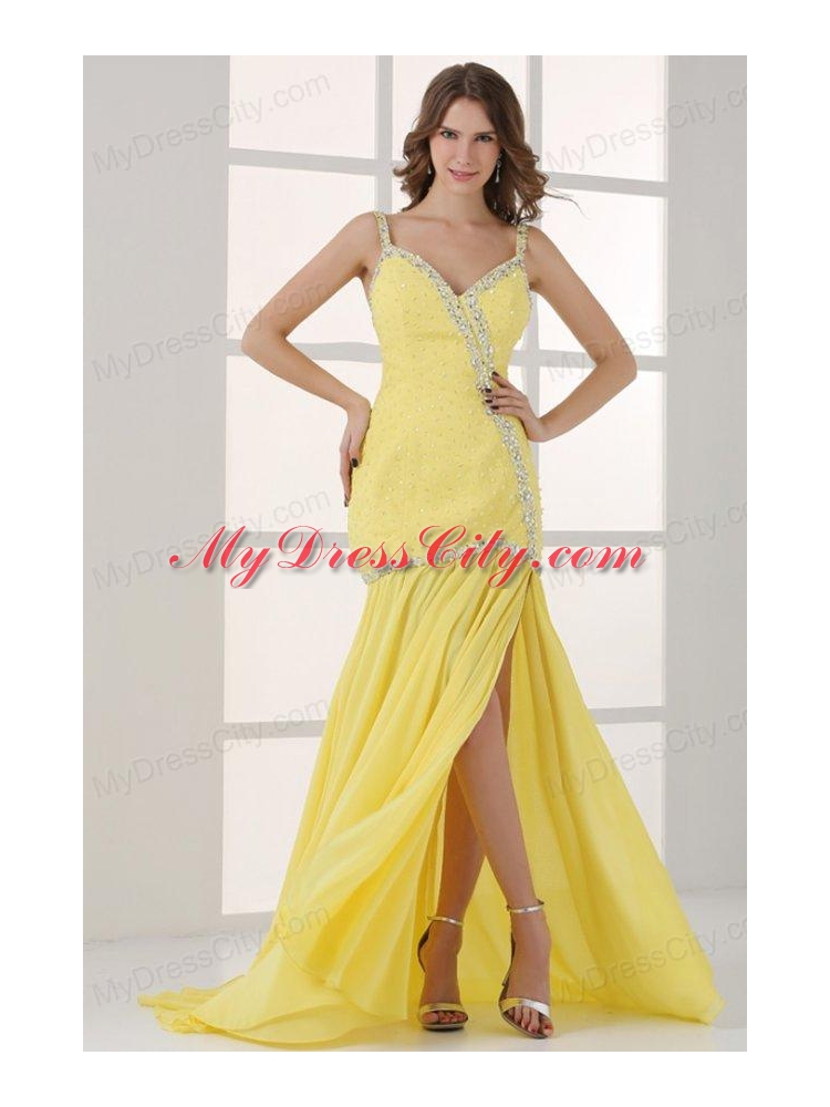 Yellow Straps Column Beaded Decorate and Silt Sweep Train Prom Dress