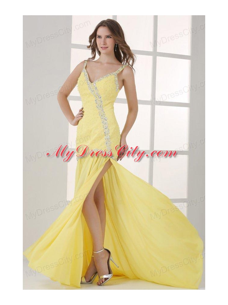 Yellow Straps Column Beaded Decorate and Silt Sweep Train Prom Dress