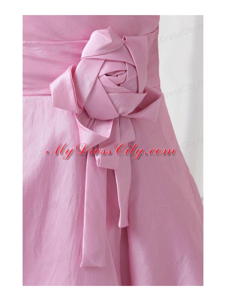 A-line Pink One Shoulder Knee-length Hand Made Flowers Prom Dress