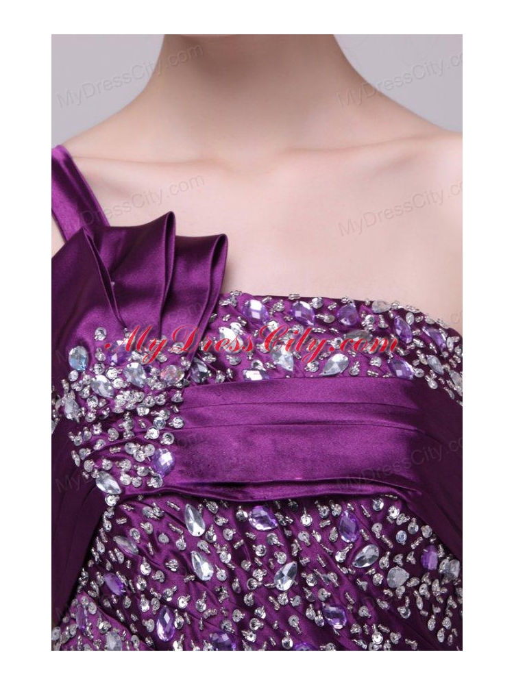 Column One Shoulder Lace Up Floor-length Beading Taffeta Purple Prom Dress