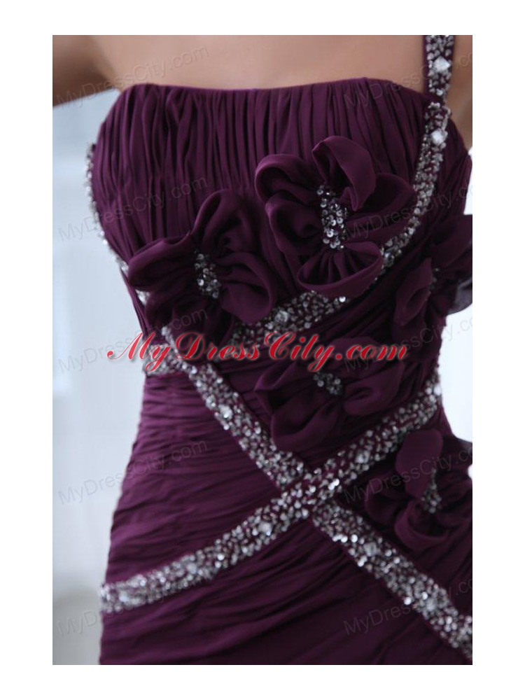 Column Purple One Shoulder Beading and Ruching Prom Dress