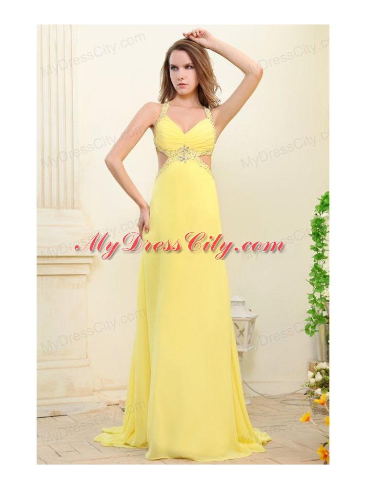 Column Straps Light Yellow Beading and Ruching Prom Dress