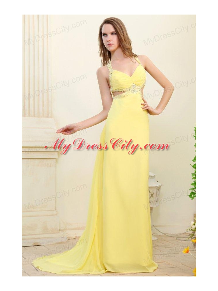 Column Straps Light Yellow Beading and Ruching Prom Dress