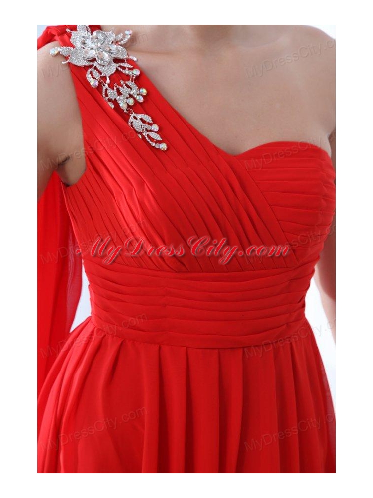 Elegant Empire One Shoulder Red Watteau Train Prom Dress with Beading