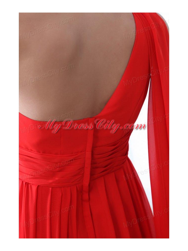Elegant Empire One Shoulder Red Watteau Train Prom Dress with Beading