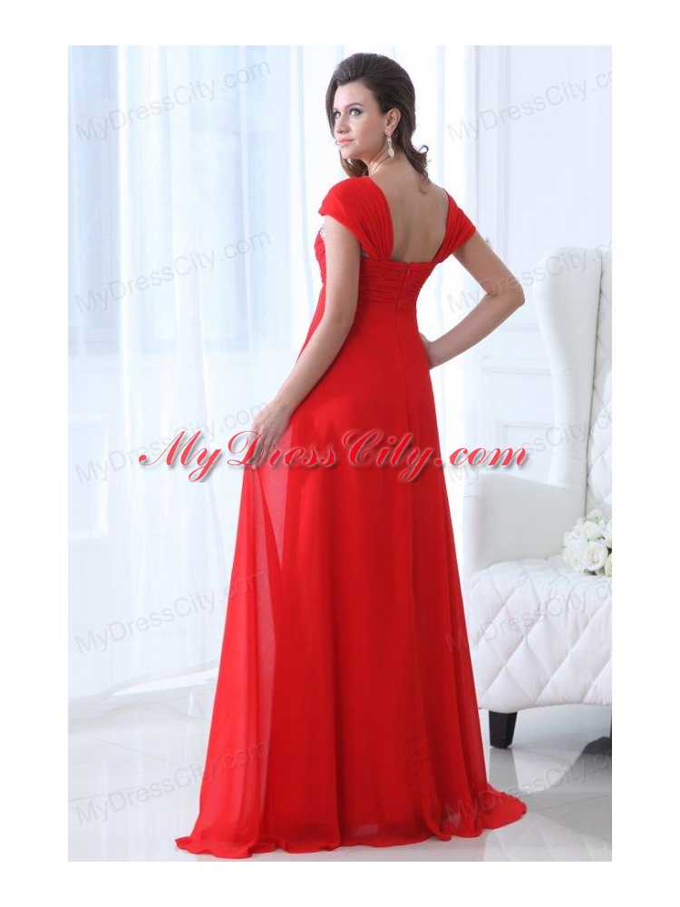 Elegant Empire Straps Beading Chiffon Red 2014 Prom Dress