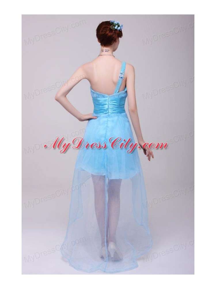 Light Blue One Shoulder High-low Beaded Decorate Prom Dress for Girls
