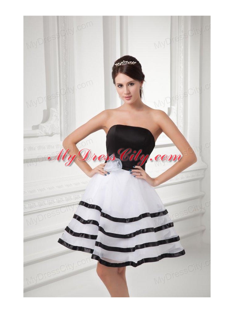White and Black A-line Strapless Mini-length Organza Prom Dress with Ruffled Layers