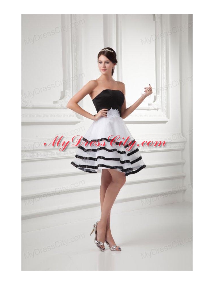 White and Black A-line Strapless Mini-length Organza Prom Dress with Ruffled Layers