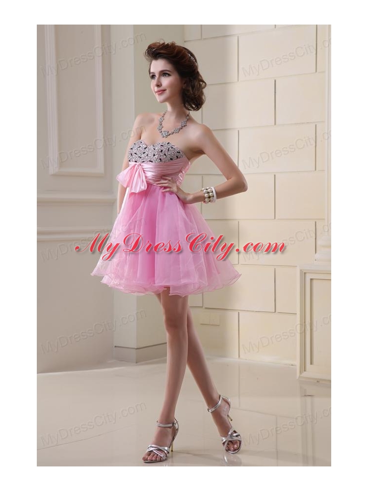 A-line Organza Prom Dress with Beading Ruchings Rose Pink Sweatheart