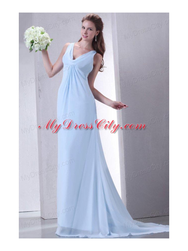 Cheap Empire V-neck Light Blue Prom Dress with Ruching