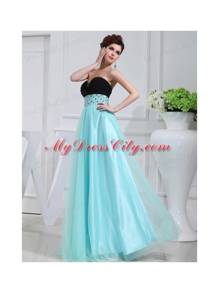 Column Beading Tulle Floor-length Strapless Aqua Blue Prom Dress