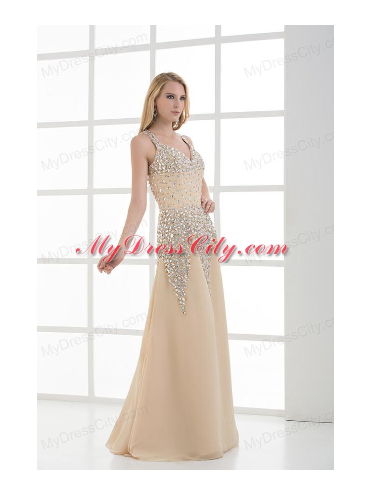 Column Floor-length Beading Organza Champagne Prom Dress
