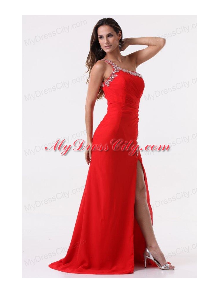 Column Red One Shoulder Beading High Slit Prom Dress