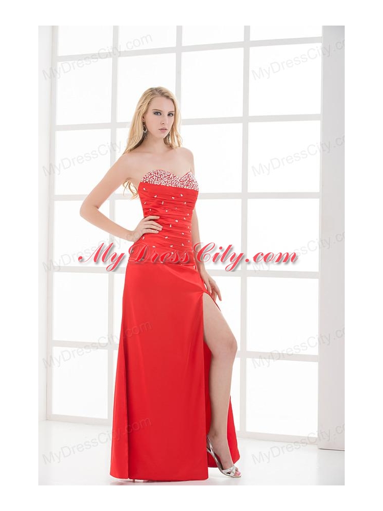 Column Red Sweetheart Sleeveless Beading and Ruching High Slit Prom Dress