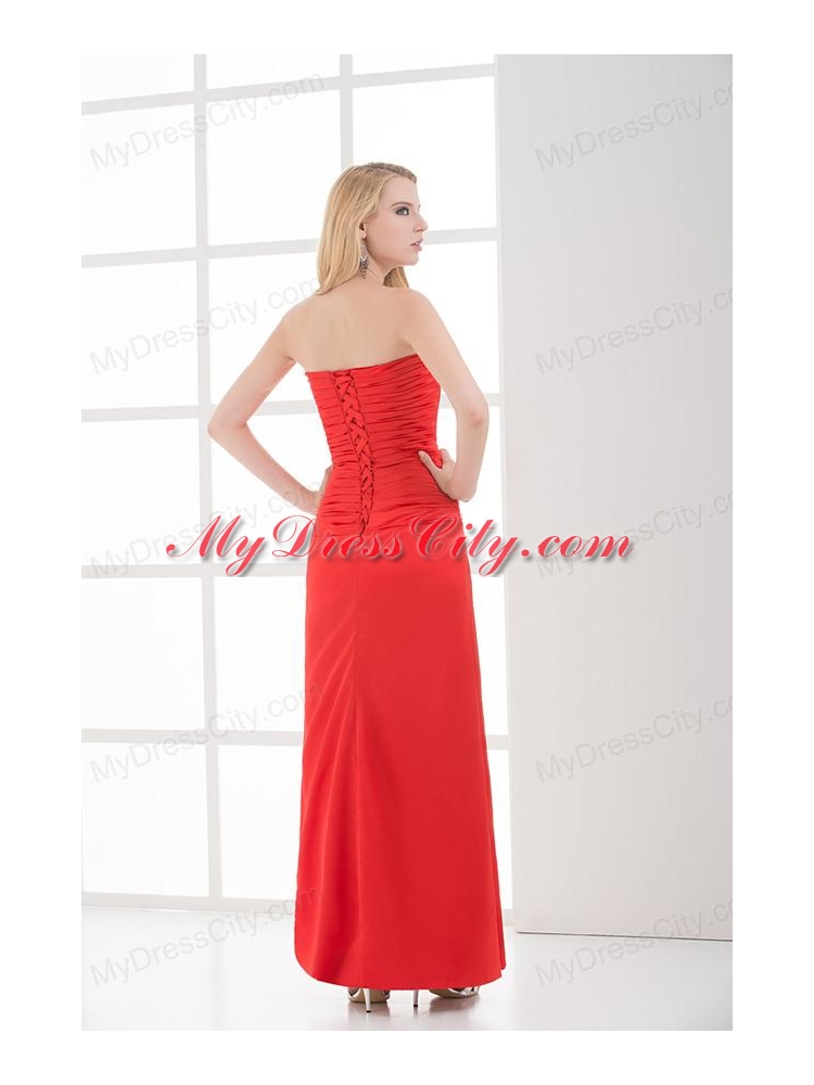 Column Red Sweetheart Sleeveless Beading and Ruching High Slit Prom Dress