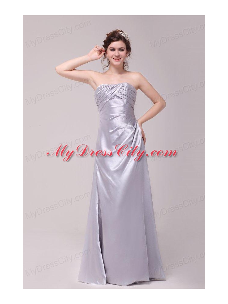 Column Strapless Ruching Taffeta Grey Prom Dresses With Floor-length