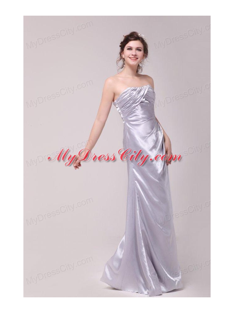 Column Strapless Ruching Taffeta Grey Prom Dresses With Floor-length