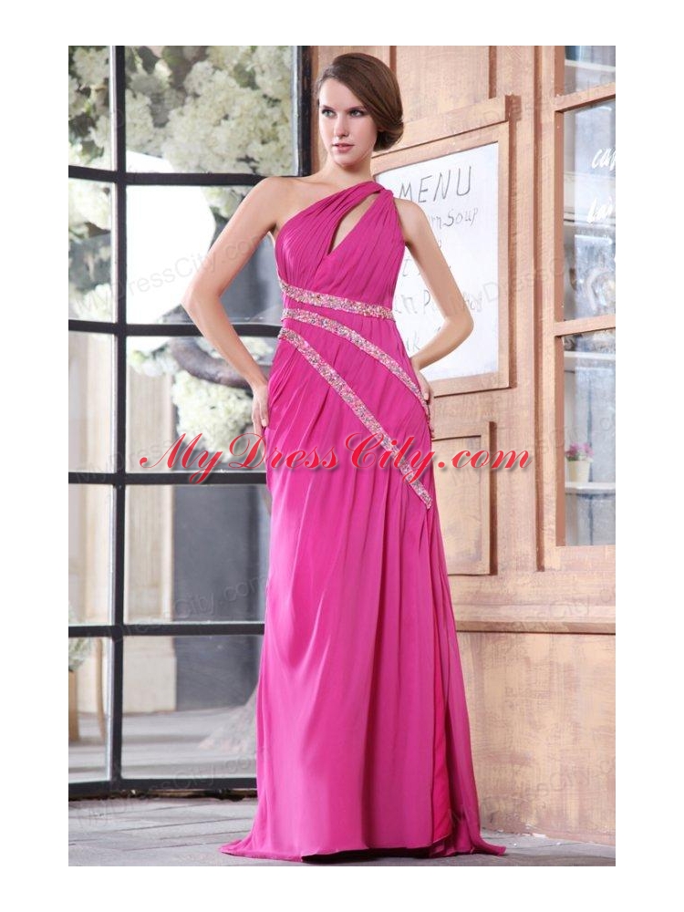 One Shoulder Chiffon Beading Sweep Train Prom Dress in Hot Pink