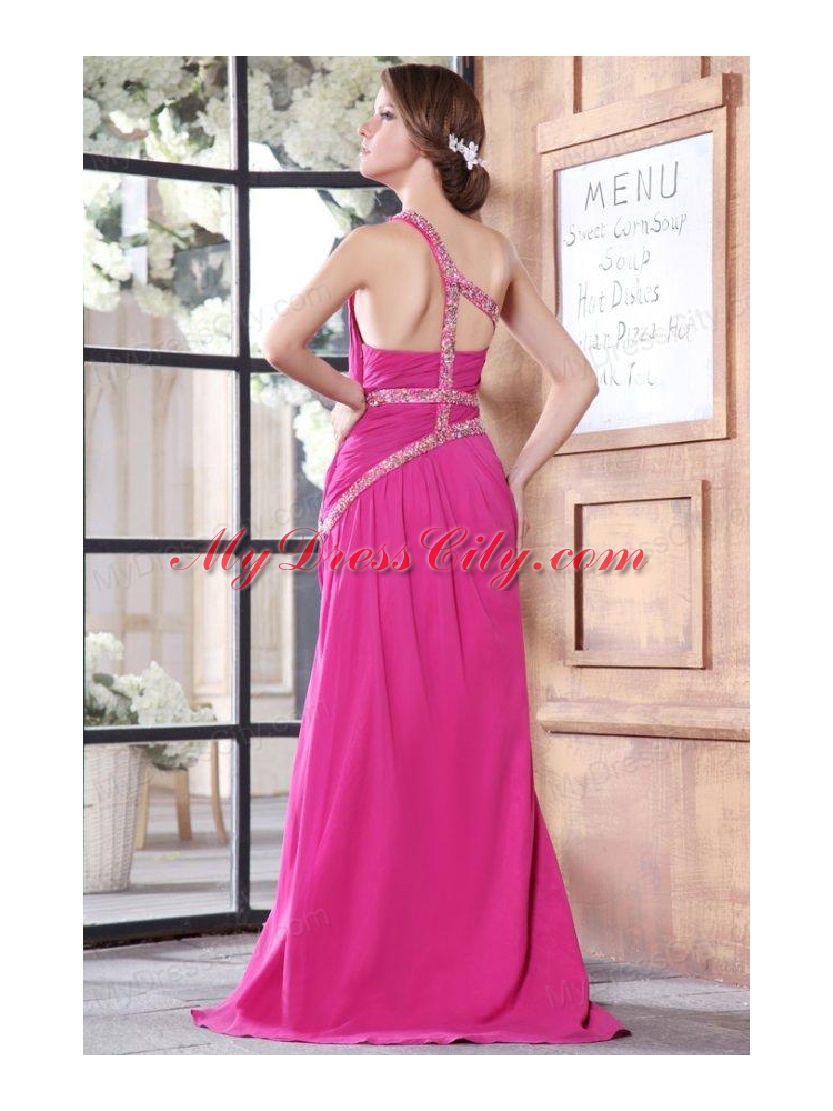 One Shoulder Chiffon Beading Sweep Train Prom Dress in Hot Pink