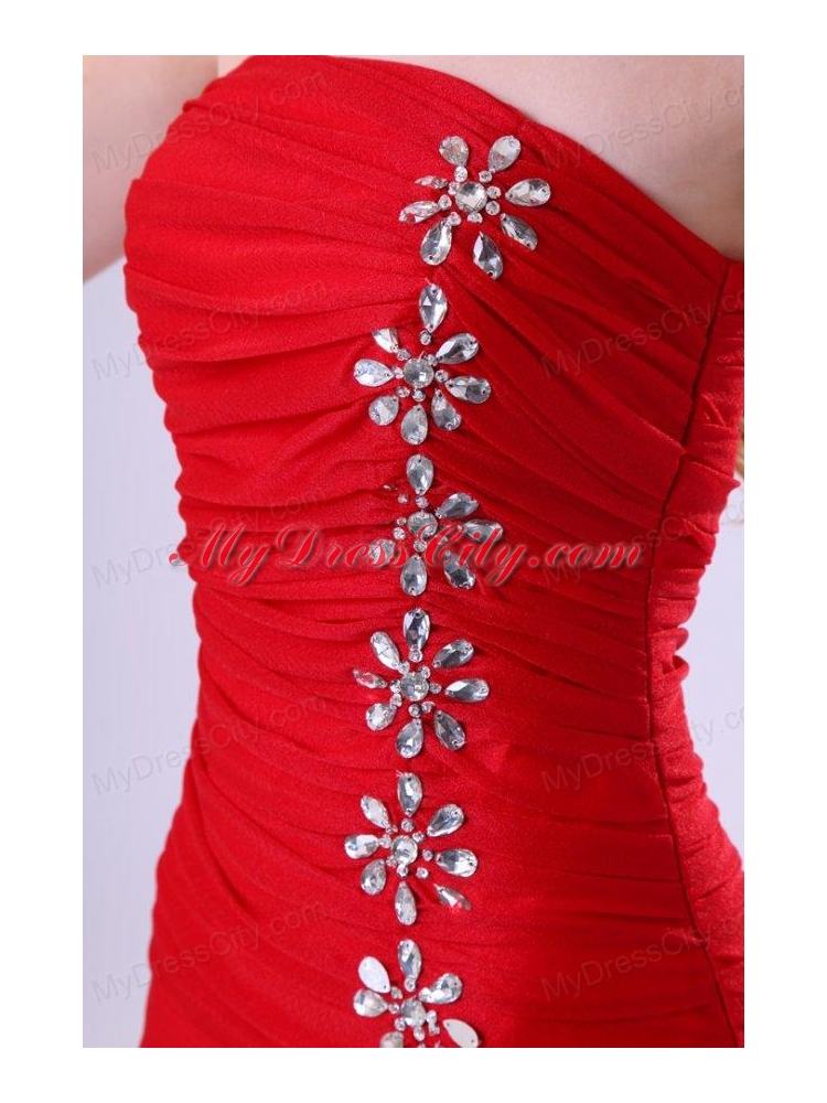 Red Column Strapless Mini-length Beading Taffeta Prom Dress with Beading