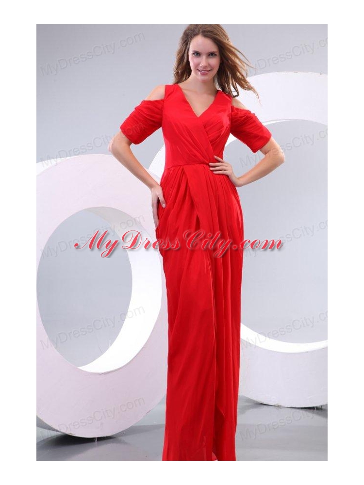Red Column V-neck Floor-length Short Sleeves Prom Dress with Silt