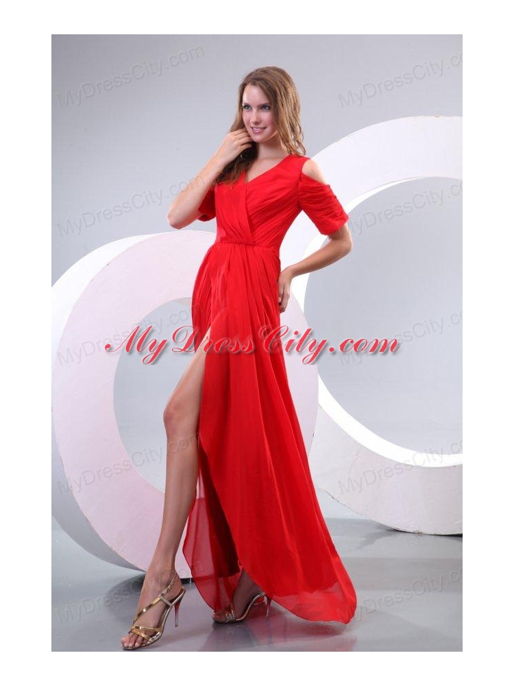 Red Column V-neck Floor-length Short Sleeves Prom Dress with Silt