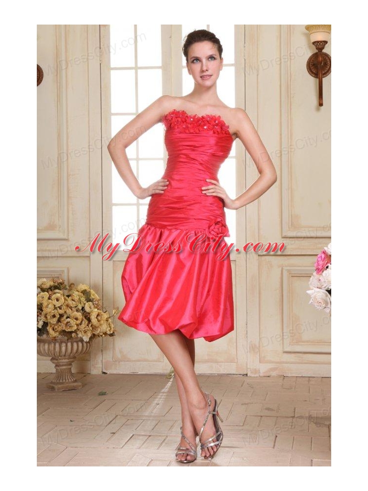 Sweetheart Knee-length Hand Made Flowers Prom Dress in Coral Red