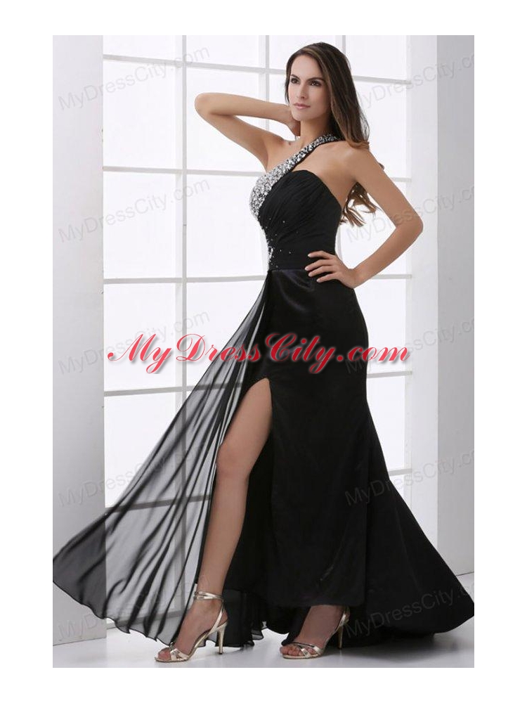 Column Black One Shoulder Beading and High Silt Prom Dress