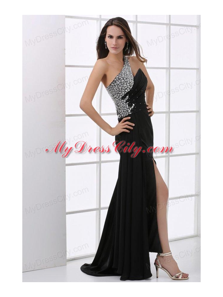 Column Black One Shoulder Beading and High Silt Prom Dress
