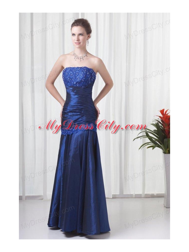 Column Strapless Navy Blue Ruching Prom Dress with Lace Up