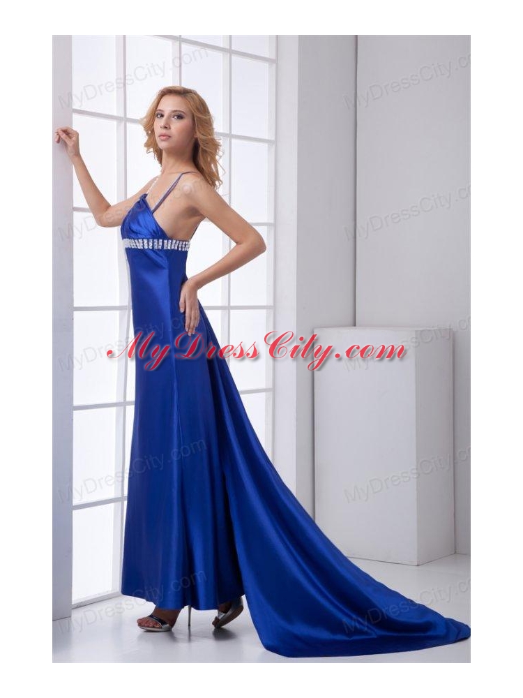 Elegant Empire One Shoulder Brush Train Beading Criss Cross Chiffon Blue Prom Dress