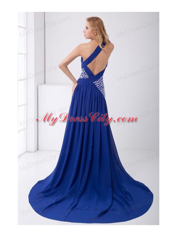 Elegant Empire One Shoulder Brush Train Beading Criss Cross Chiffon Blue Prom Dress