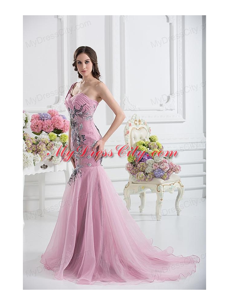 Sweetheart One Shoulder Mermaid Appliques Ruching Pink Prom Dress