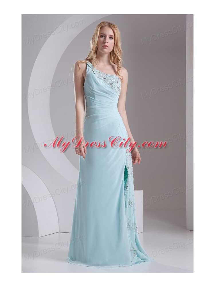 Column One Shoulder Chiffon Beading High Slit Prom Dress in Light Blue