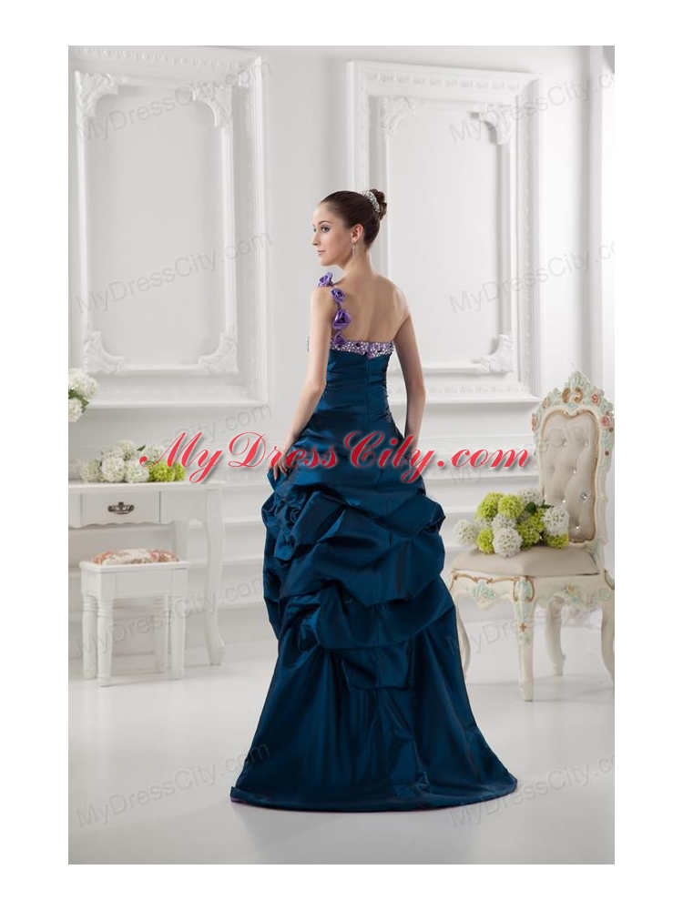 One Shoulder Sweetheart Pick-ups Beading Navy Blue Prom Dress ...