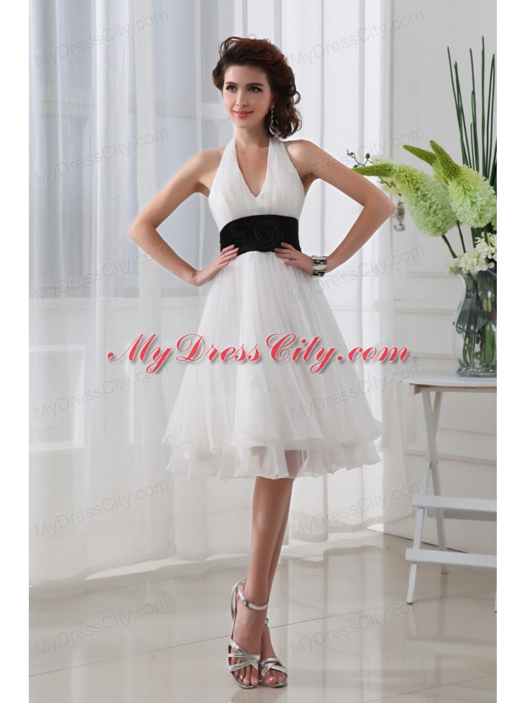 A-line Chiffon White Haltor Top Knee-length Hand Made Flower Prom Dress