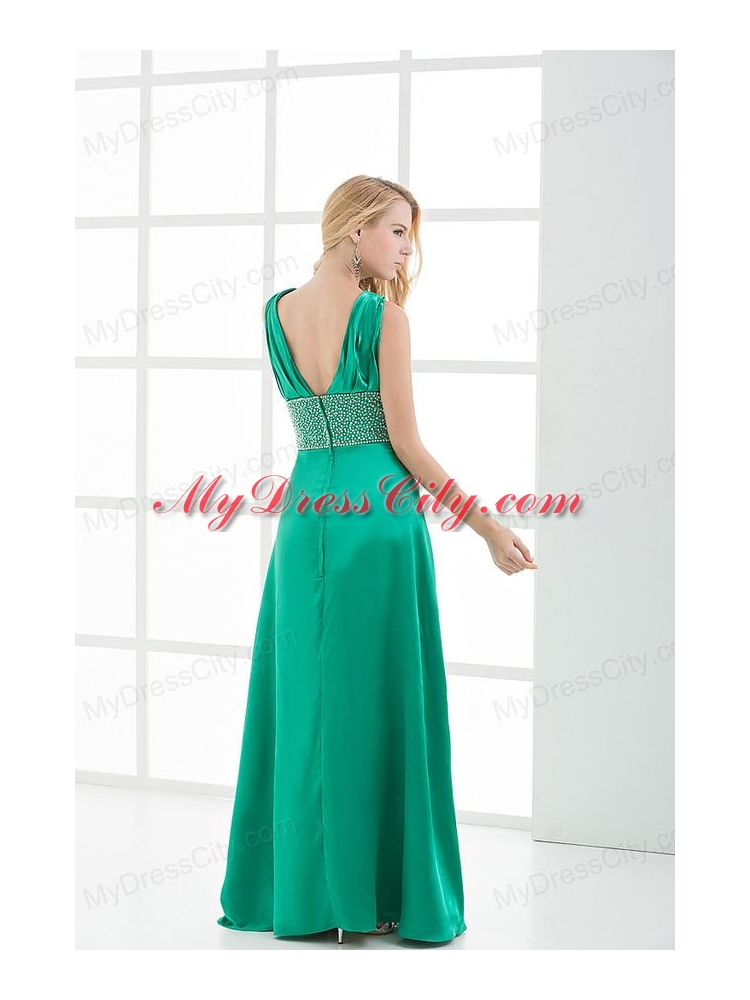 Empire V-neck Sleeveless Ruching High Slit Prom Dress