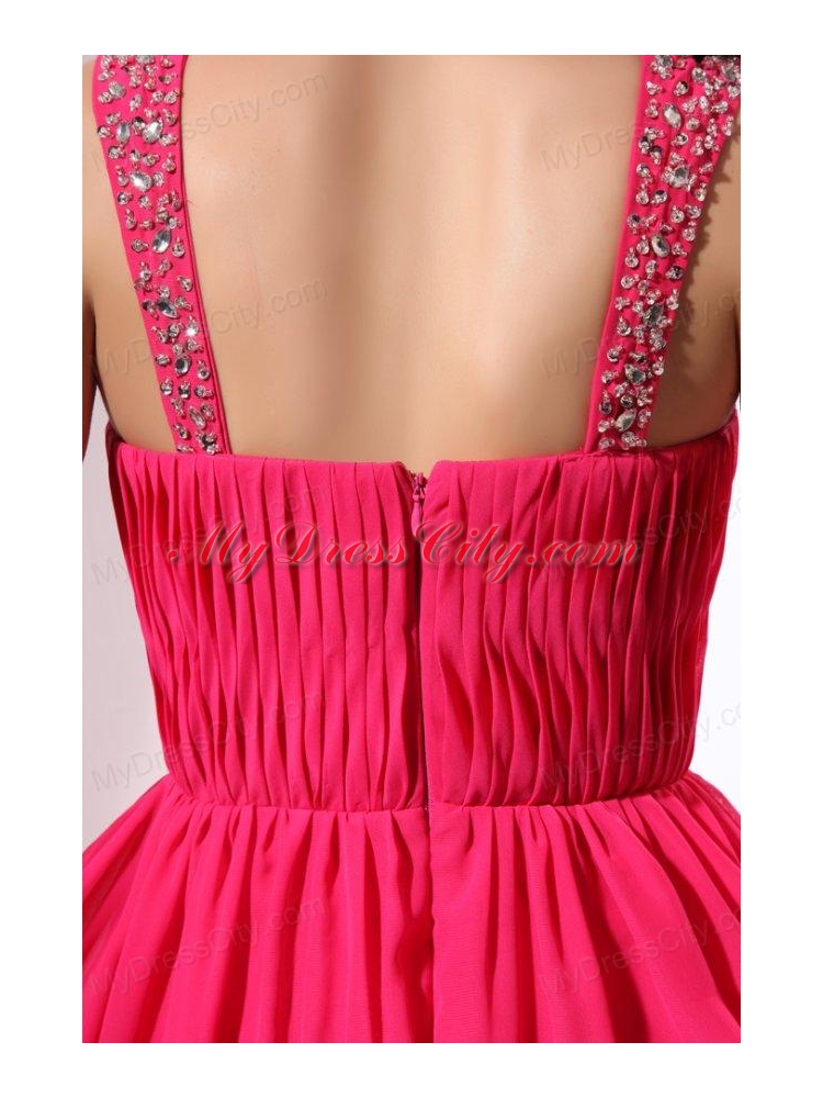 Beaded Decorate Shoulder Chiffon Empire Prom Dress in Coral Red