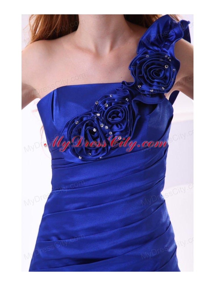 Column One Shoulder Taffeta Hand Made Flowers Mini-length Blue Prom Dress